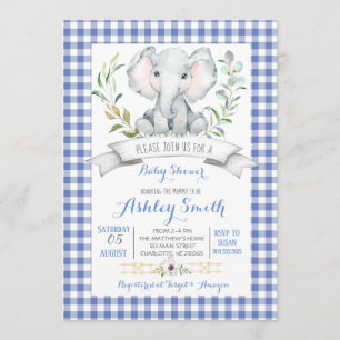 Gingham elephant baby shower invitation