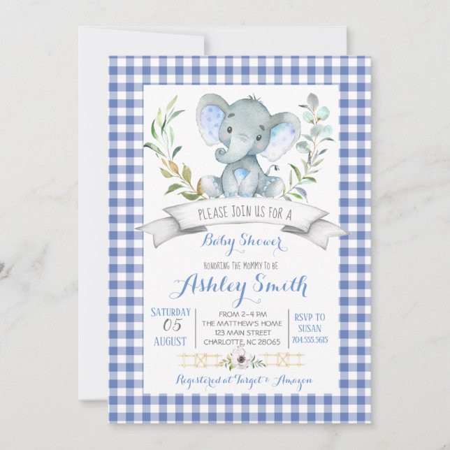 Gingham elephant baby shower invitation (Front)