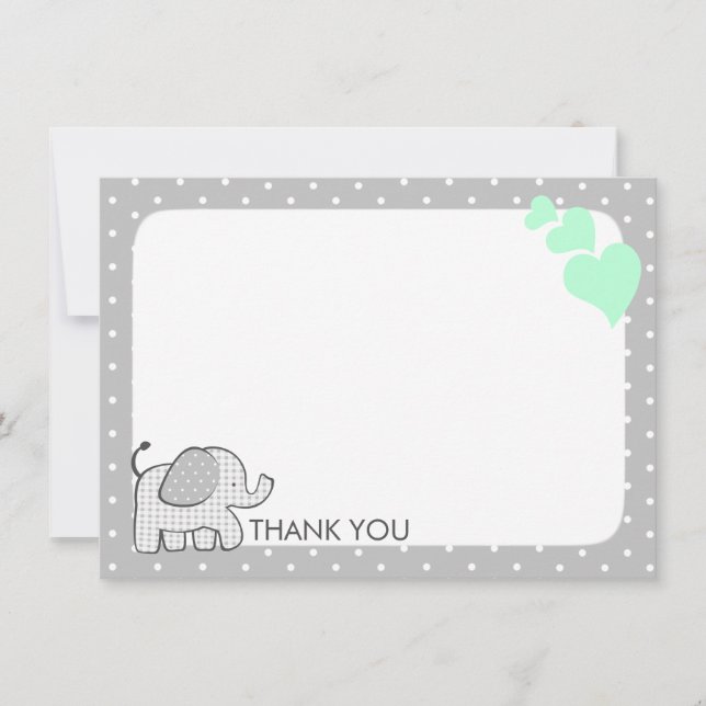 Gingham Elephant Mint Green Baby Thank you Card (Front)