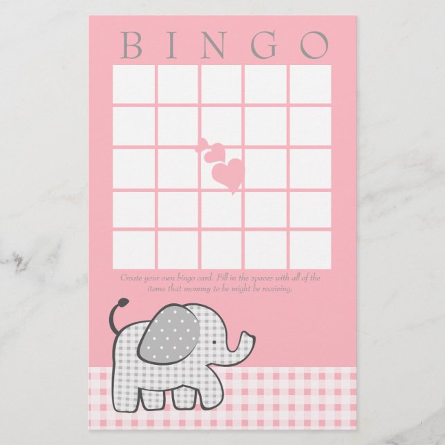 Gingham Elephant Pink Bingo Card (Front)