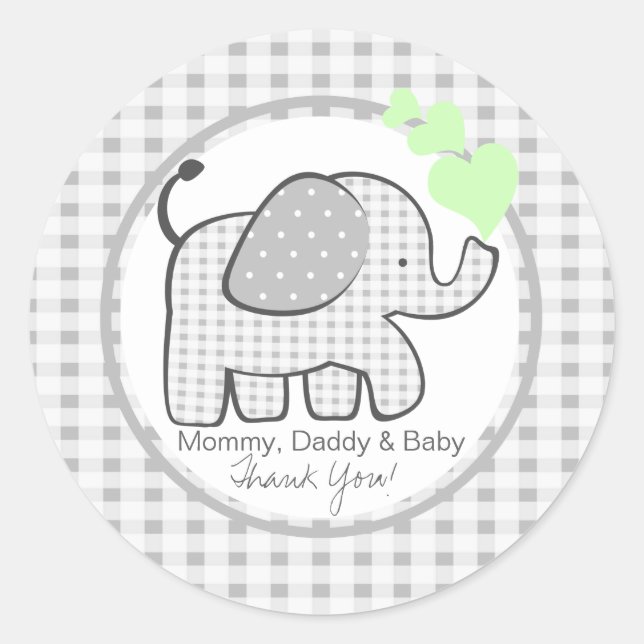 Gingham Elephant with Green Hearts Classic Round Sticker (Front)