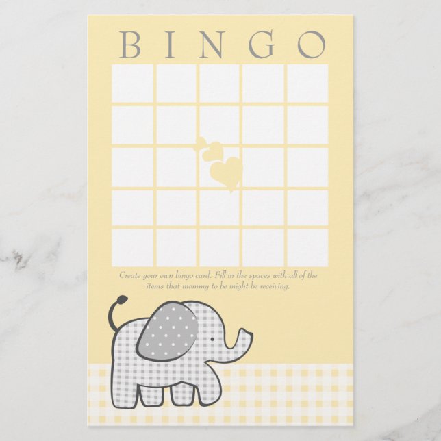 Gingham Elephant Yellow Bingo Card (Front)