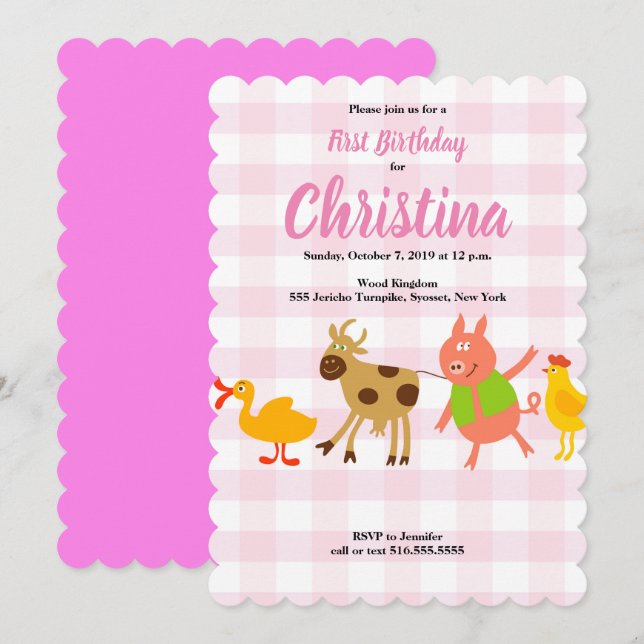 Gingham Farm Animal Baby First Birthday Invitation (Front/Back)