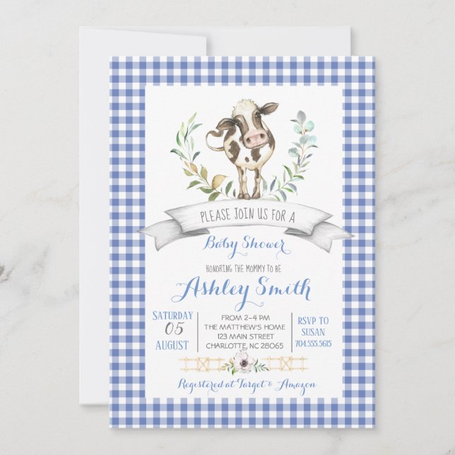 Gingham farm baby shower invitation (Front)