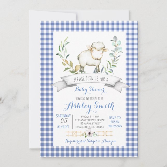Gingham farm sheep baby shower invitation (Front)