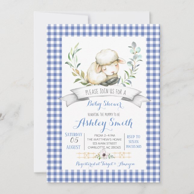 Gingham farm sheep baby shower invitation (Front)