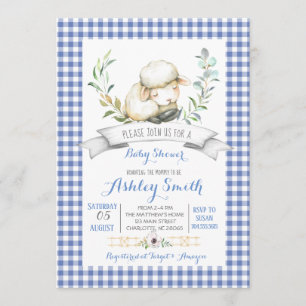 Gingham farm sheep baby shower invitation