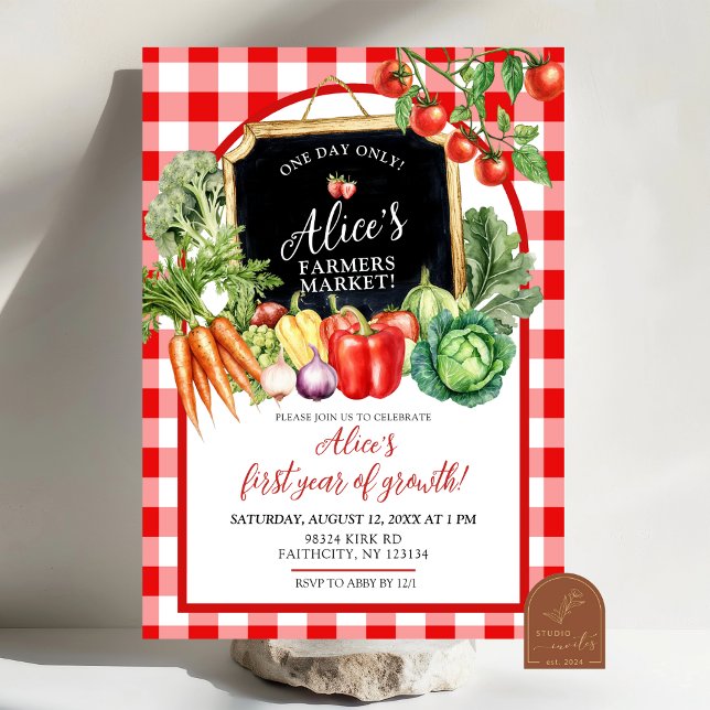 Gingham Farmer's Market Gender First Birthday Invitation (Creator Uploaded)