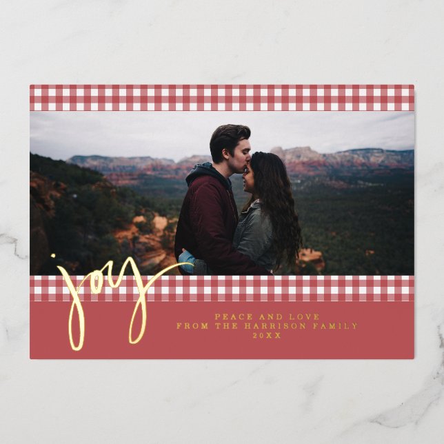 Gingham Farmhouse Red Christmas Family Photo Foil Holiday Card (Front)