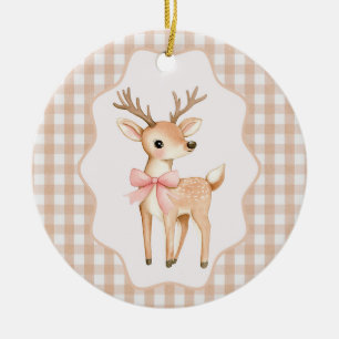 Gingham Fawn Holiday Ceramic Tree Decoration