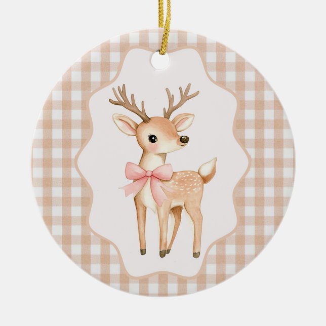 Gingham Fawn Holiday Ceramic Tree Decoration (Front)