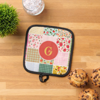 Gingham Floral Berry Quilt Monogram Pot Holder