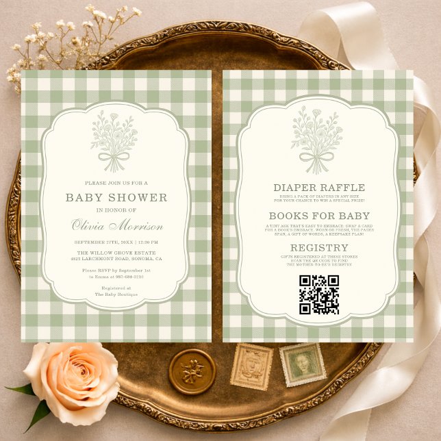 Gingham Floral Bow QR Code All in One Baby Shower Invitation (Creator Uploaded)