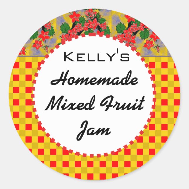 Gingham floral mixed fruit jam label (Front)