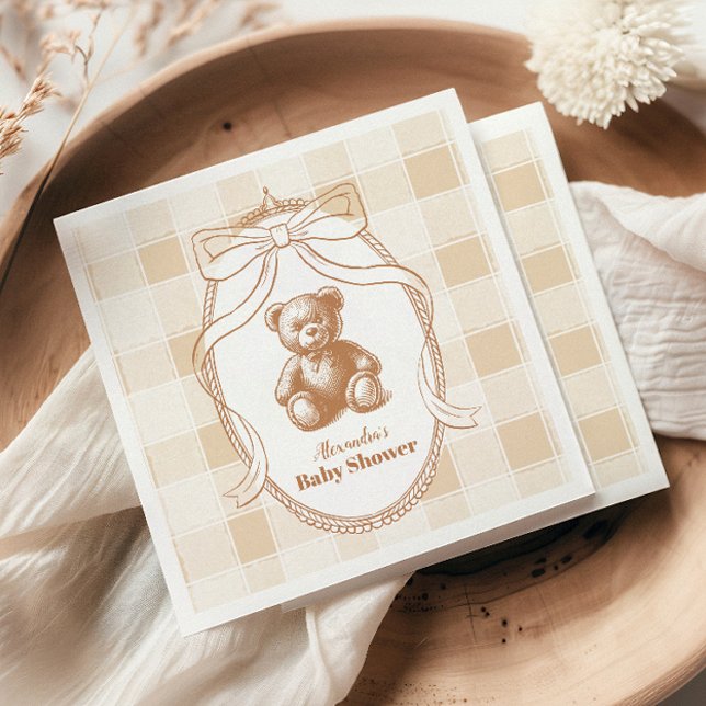 Gingham French Teddy Bear Baby Shower Napkin (Creator Uploaded)