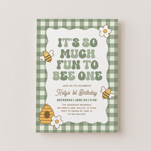 Gingham Fun to Bee One 1st Birthday Invitation (Creator Uploaded)