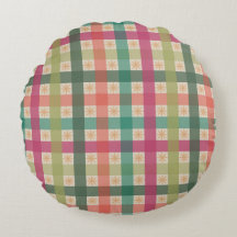 Gingham & Geometric Flowers Pattern Round Pillow