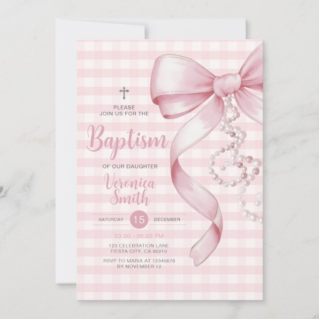 Gingham Girl Baptism Pink Bow Pearl Cross Invitation (Front)