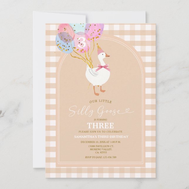 Gingham Goose 3rd Birthday Invitation  (Front)