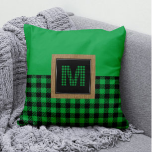 Gingham Green and Black Buffalo Plaid Monogram Cushion