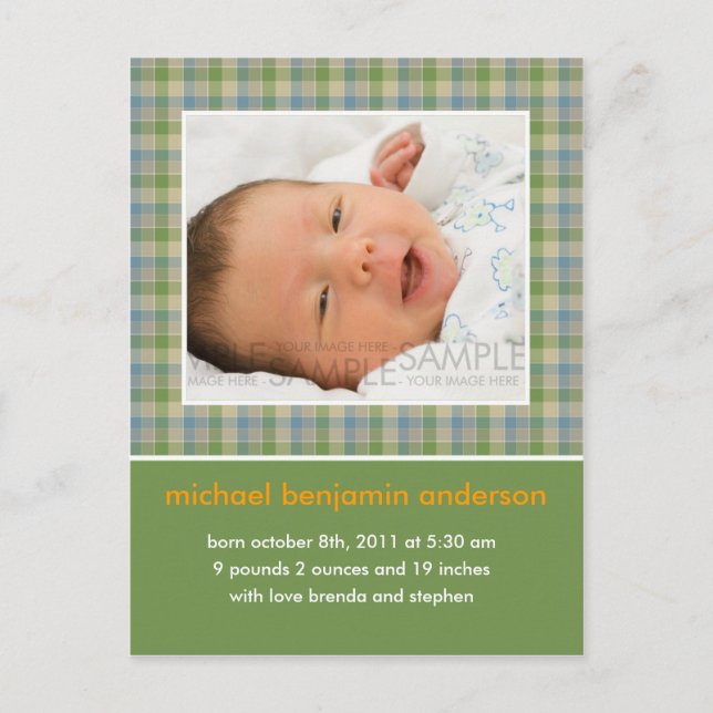 Gingham Green/Blue • Baby Announcement Postcard (Front)