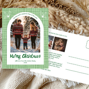 Gingham Green Christmas Custom Arch 3 Photo Holiday Postcard