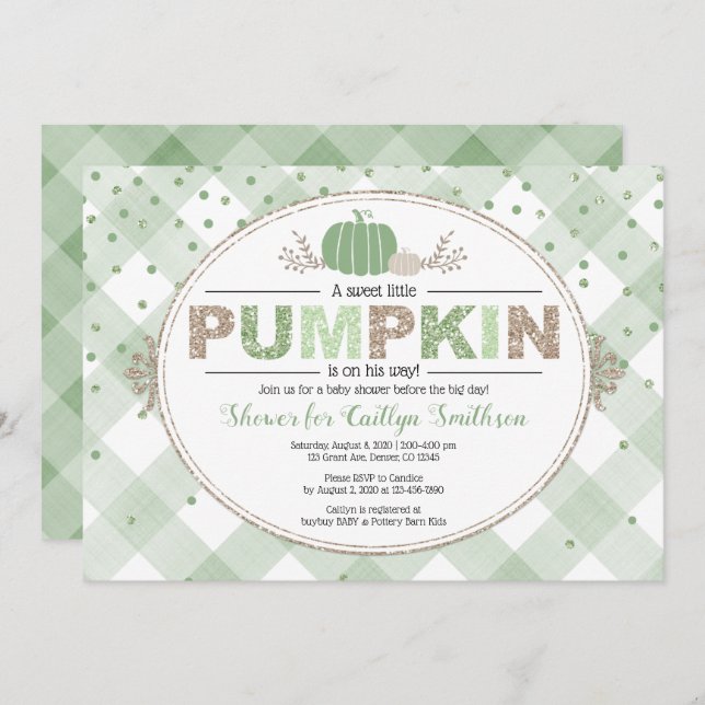 Gingham Green pumpkin fall confetti baby shower Invitation (Front/Back)