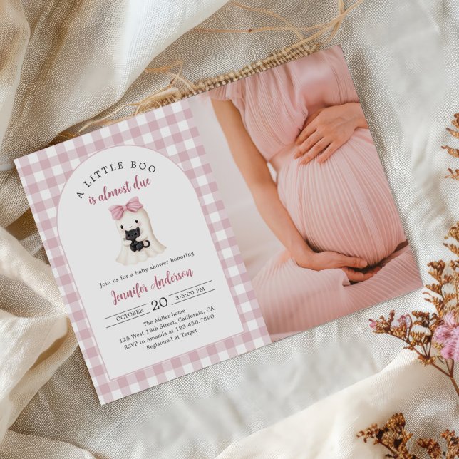 Gingham Halloween Ghost Girl Baby Shower Photo Invitation (Creator Uploaded)