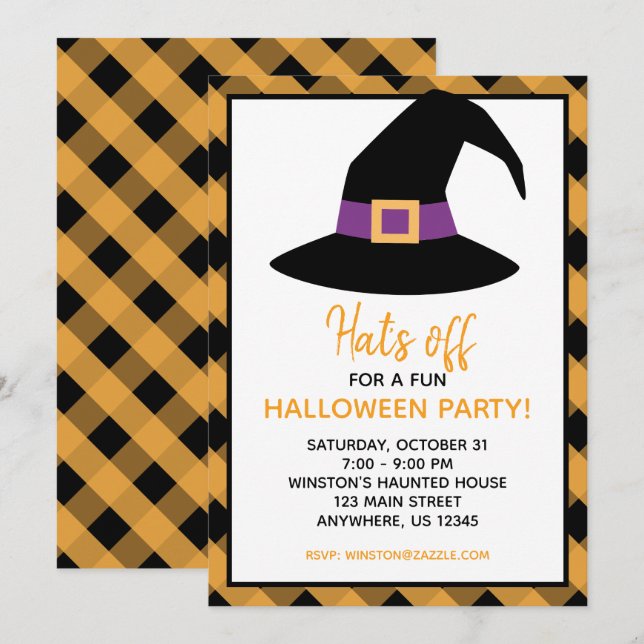 Gingham Halloween Witch Hat Party Invitations (Front/Back)