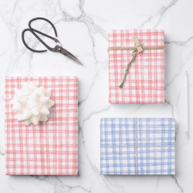 Gingham Hand-Drawn Modern Cute Blue Red Picnic Wrapping Paper Sheet (Front)
