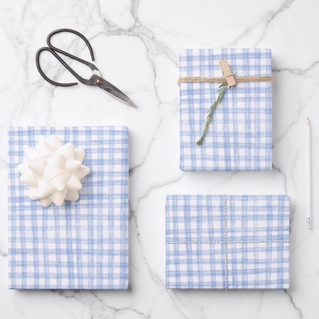 Gingham Hand-Drawn Modern Cute Blue White Picnic Wrapping Paper Sheet (Front)