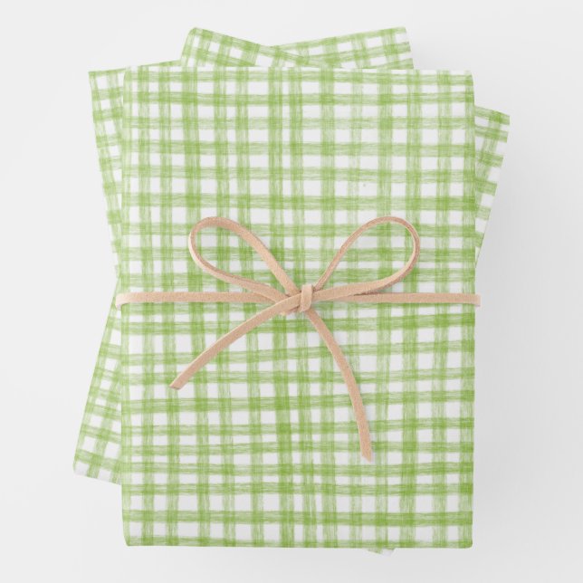 Gingham Hand-Drawn Modern Cute Green White Preppy Wrapping Paper Sheet (In situ)