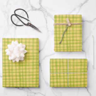 Gingham Hand-Drawn Modern Cute Green Yellow Preppy Wrapping Paper Sheet