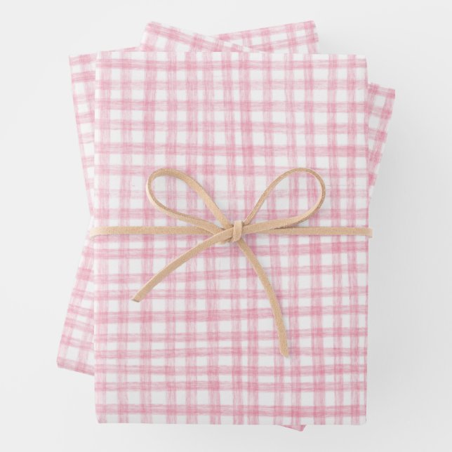 Gingham Hand-Drawn Modern Cute Pink White Preppy Wrapping Paper Sheet (In situ)
