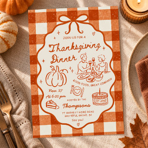 Gingham Hand Drawn Thanksgiving Dinner Party Invitation