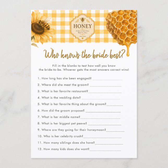 Gingham Honeycomb Bee Bridal Shower Game Card (Front)