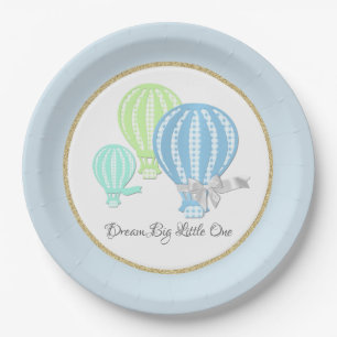 Gingham Hot Air Balloon Baby Blue Paper Plate