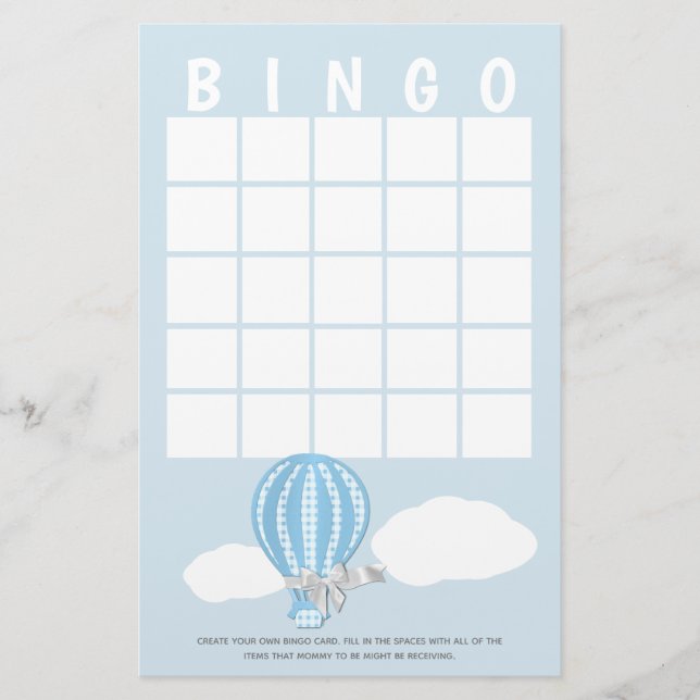 Gingham Hot Air Balloon Baby Shower Bingo Stationery (Front)