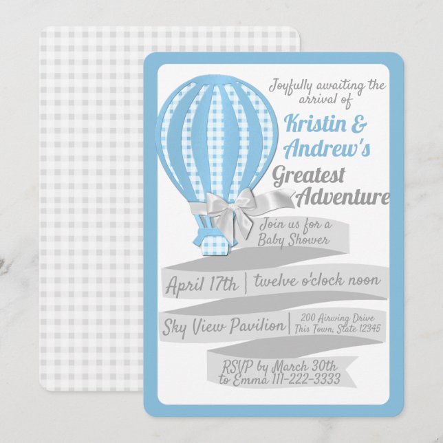 Gingham Hot Air Balloon Blue Baby Shower Invitation (Front/Back)