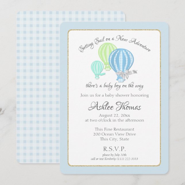 Gingham Hot Air Balloons Adventure Baby Shower Invitation (Front/Back)