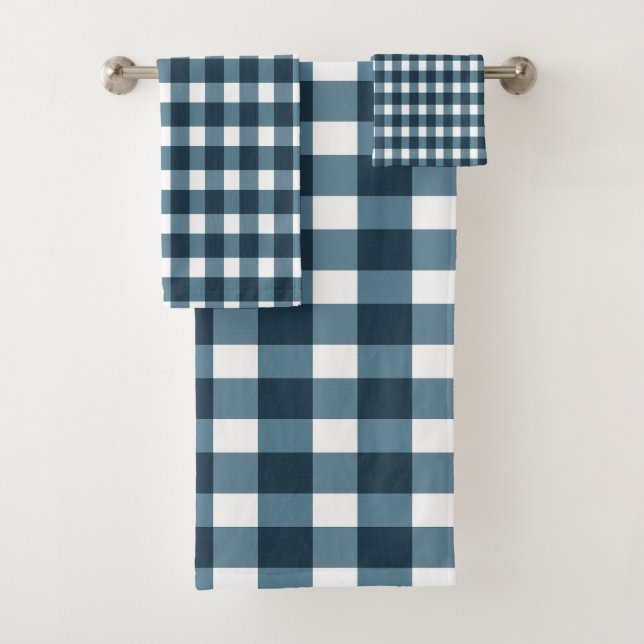 Gingham Indigo Blue Pattern Bath Towel Set (Insitu)