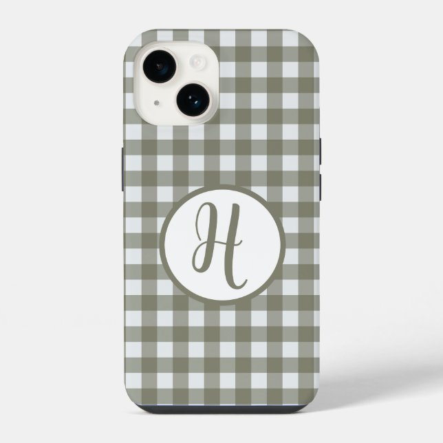 Gingham Initial Monogram Circle Sage Green Checks iPhone Case (Back)