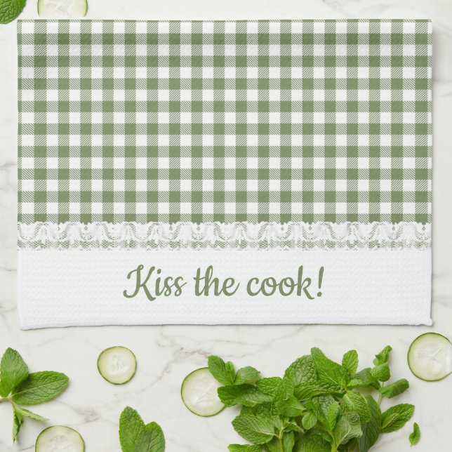 Gingham Lace and Name in Highland Green Tea Towel (Folded)
