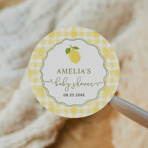 Gingham Lemon Citrus Themed Baby Shower Classic Round Sticker