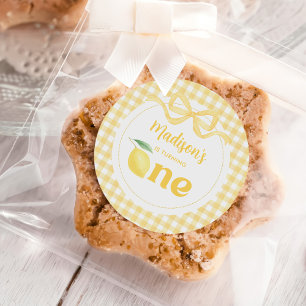 Gingham Lemon Themed 1st Birthday Classic Round Sticker