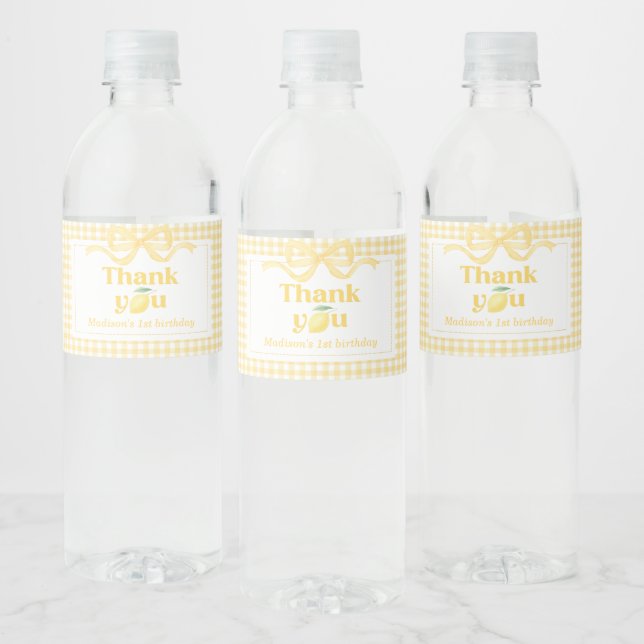 Gingham Lemon Themed 1st Birthday Water Bottle Label (Bottles)