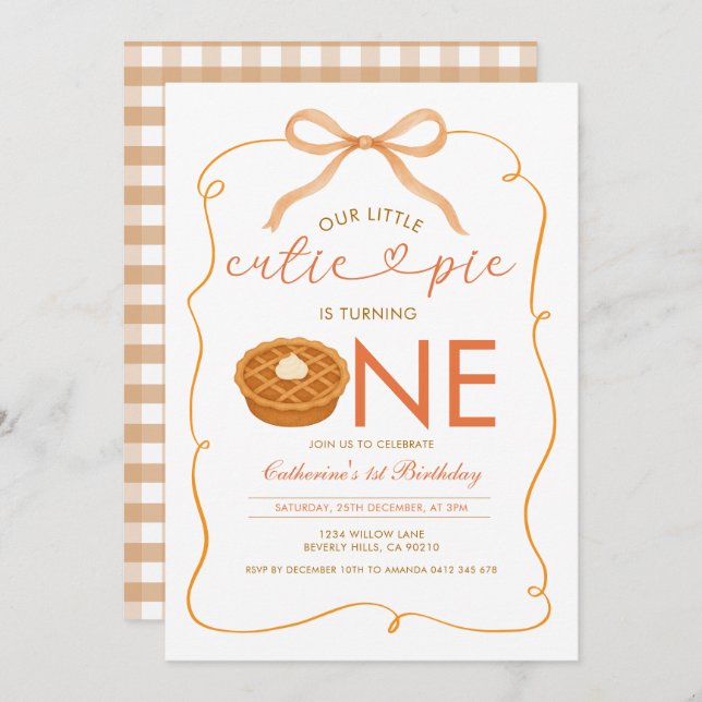Gingham Little Cutie Pie Gender Neutral Birthday Invitation (Front/Back)