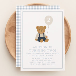 Gingham, little teddy bear birthday  invitation