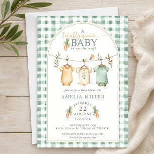 Gingham Locally Grown Baby Clothesline Baby Shower Invitation