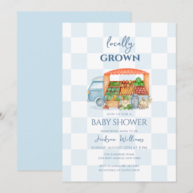 Gingham Locally grown Veggies Truck Baby Shower Invitation (Front/Back)